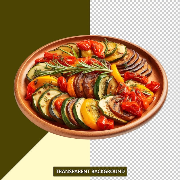 Um ratatouille lindamente e elegantemente apresentado em um fundo transparente