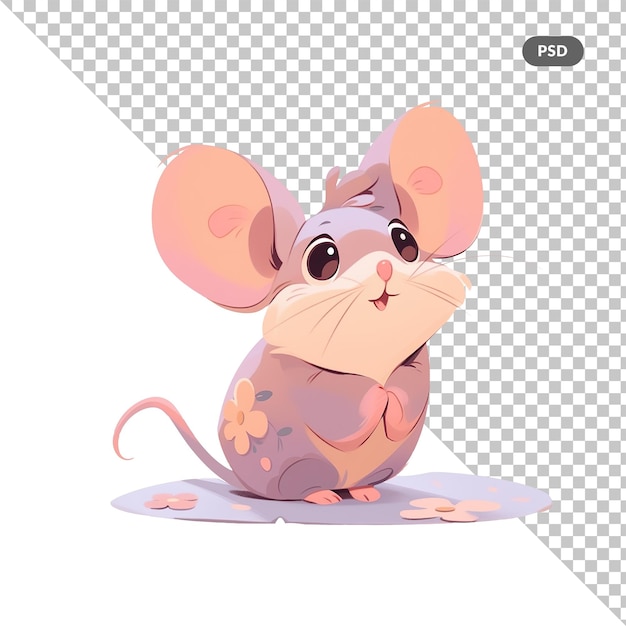 PSD um rato com um rato de flor rosa nas costas está sentado em uma superfície branca.