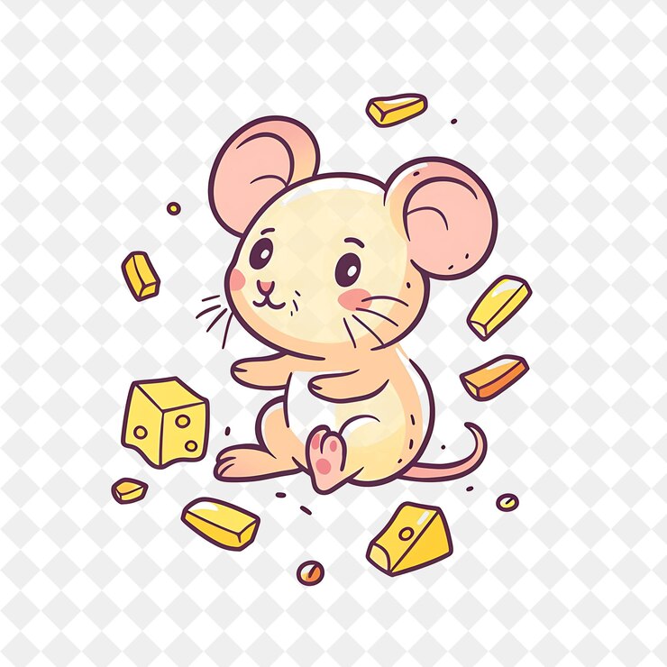 PSD um rato de desenho animado com um monte de queijo e algum queijo
