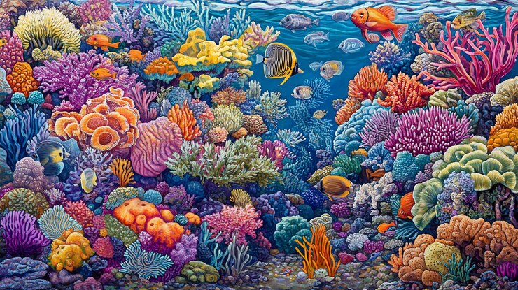 PSD um recife de corais vibrante, repleto de peixes e vida marinha