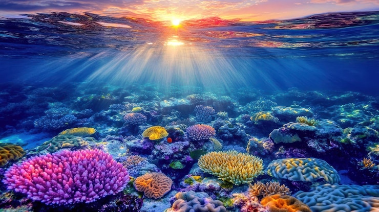 PSD um recife de coral vibrante debaixo d'água com um lindo pôr-do-sol e raios de sol brilhando pela superfície