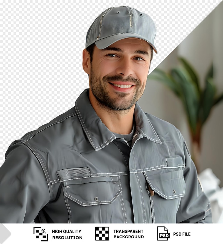 PSD um reparador alegre a preparar-se para o trabalho num apartamento de um cliente.