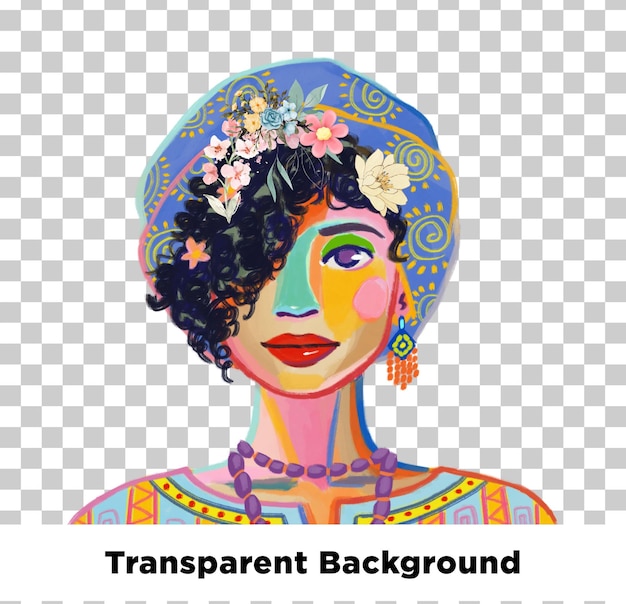 Um retrato artístico colorido de uma mulher com um chapéu floral