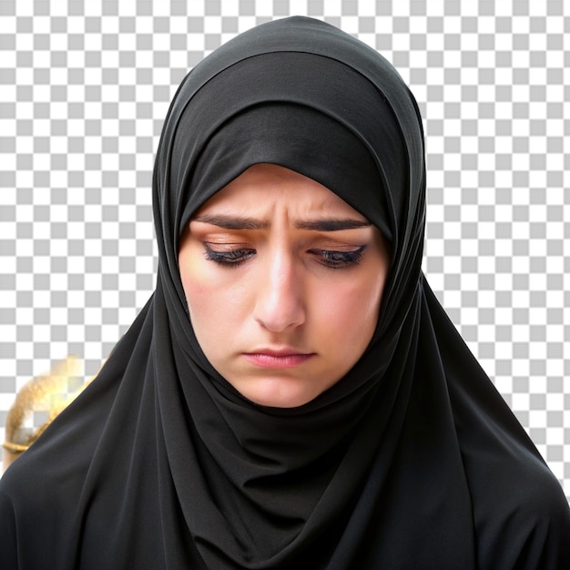 PSD um retrato de um muçulmano vestindo um hijab preto isolado em um fundo transparente