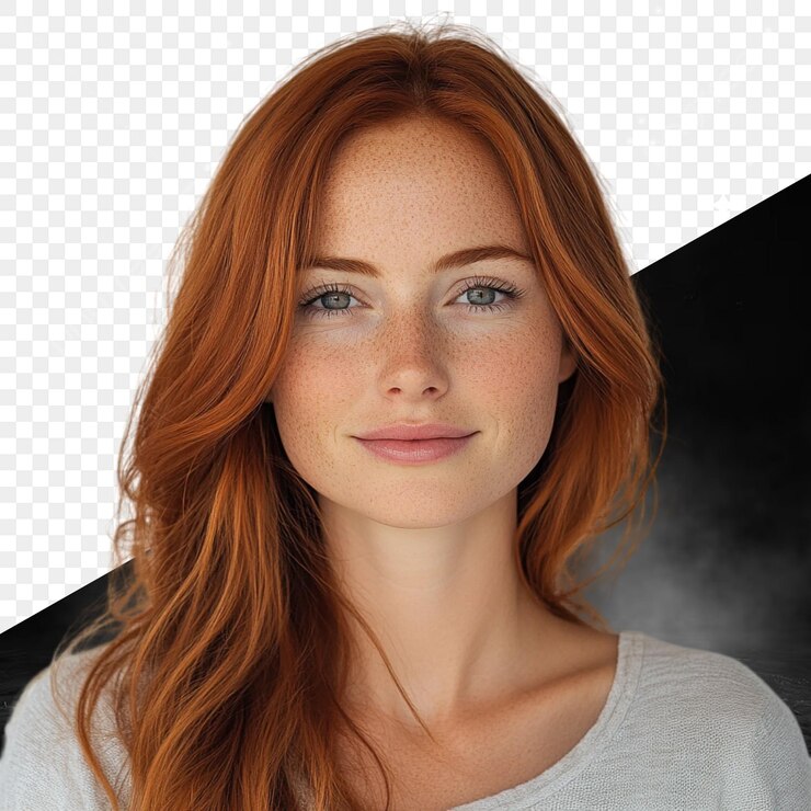 PSD um retrato de uma menina com cabelo vermelho e um fundo preto