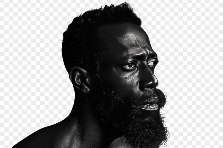 PSD um retrato em close-up de um homem com barba olhando para o lado