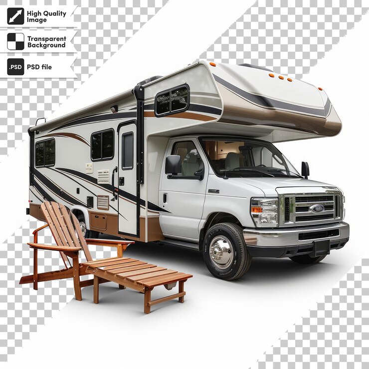 PSD um rv branco com uma prancha de surf na frente