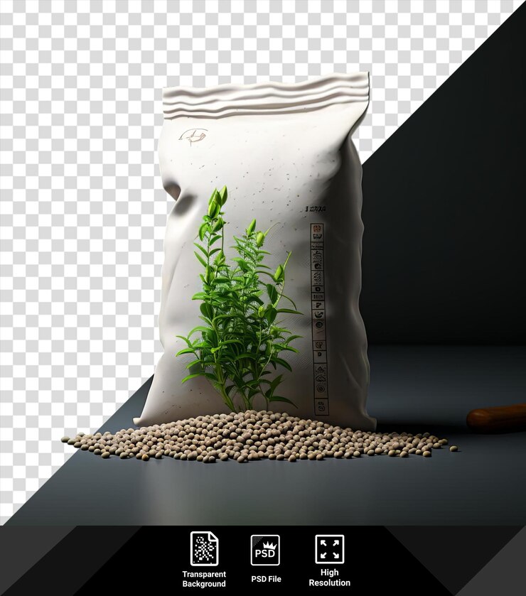 PSD um saco de sementes e uma planta verde numa mesa preta
