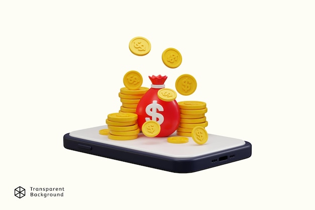 um saco vermelho de moedas de ouro com ícone de telefone inteligente 3D render conceito de ilustração de ícone de banco móvel