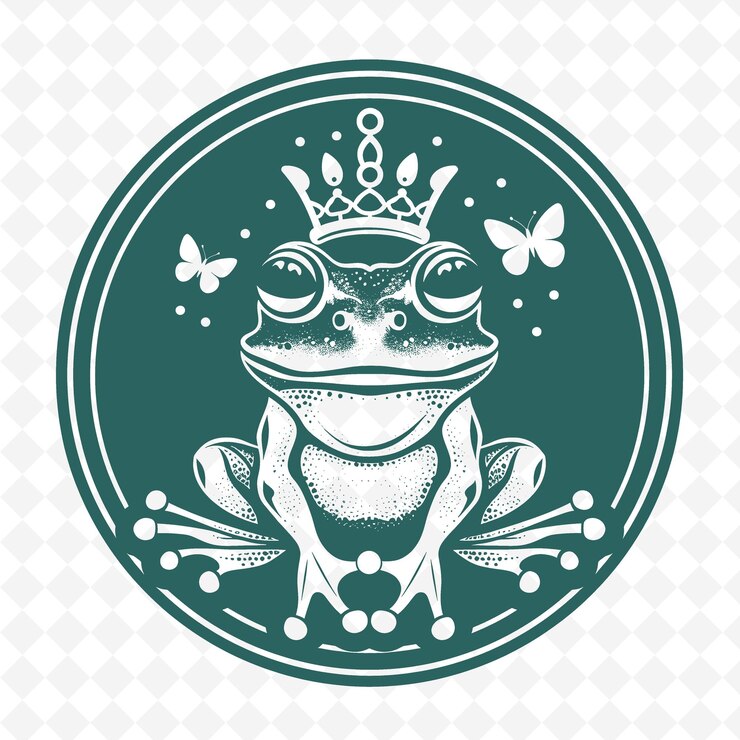PSD um sapo com uma coroa na cabeça senta-se em um fundo verde