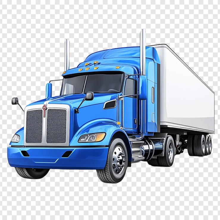 PSD um semitruck azul brilhante com um reboque branco é mostrado contra um fundo transparente é um veículo grande perfeito para transportar carga por longas distâncias o caminhão é moderno e bem mantido