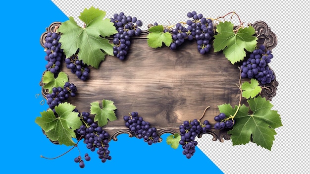 PSD um sinal de madeira emoldurado por videiras e cachos de uvas pretas isolados em fonte transparente.