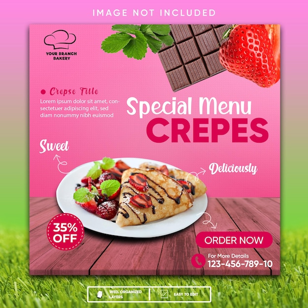 Um sinal rosa para crepes de menu especial com uma foto de comida nele