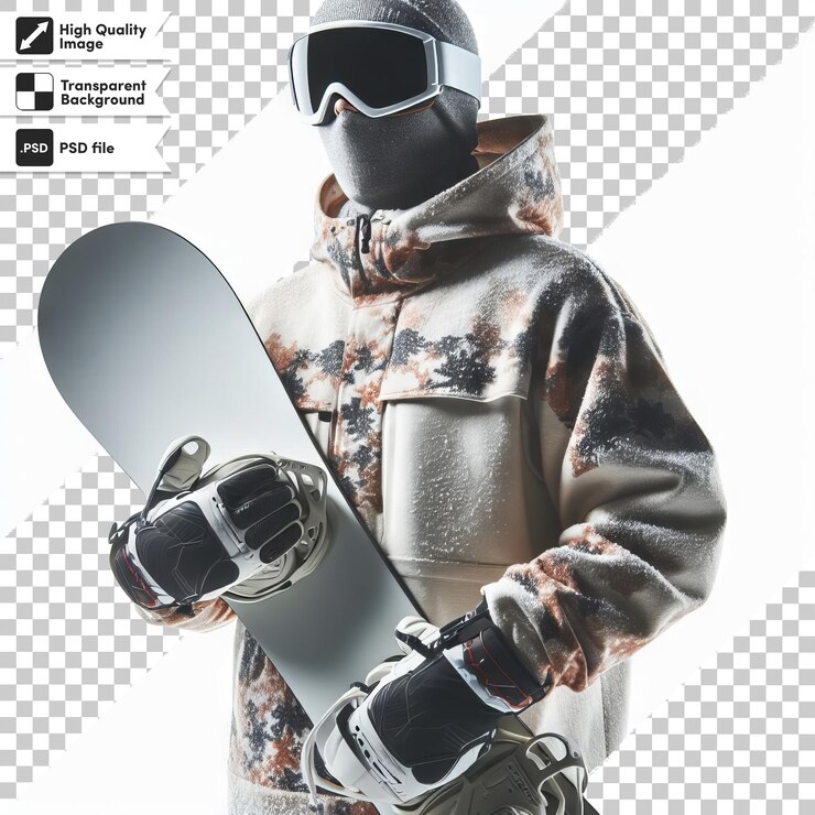 PSD um snowboarder com uma prancha de neve e óculos de proteção