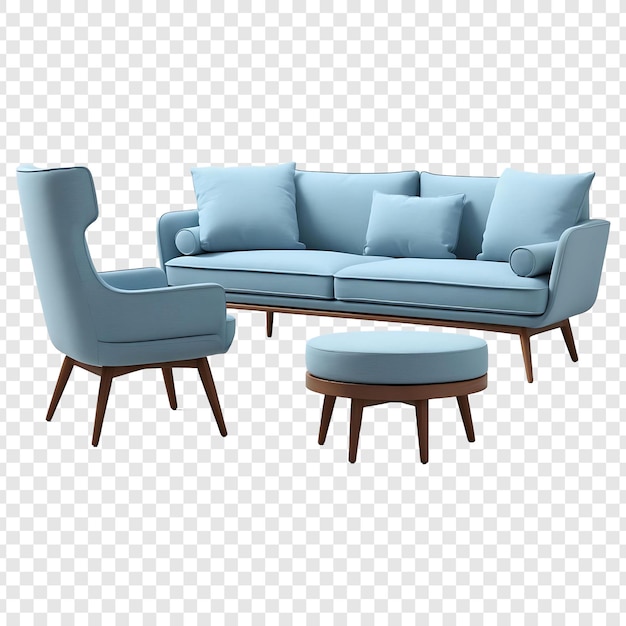 Um sofá azul elegante com cadeira e otomano para uma vida moderna