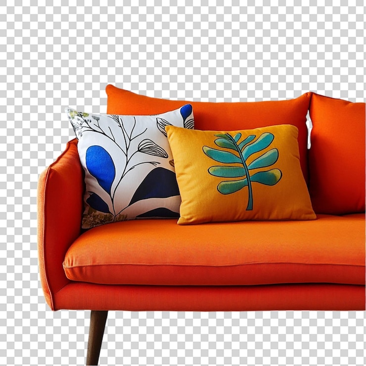 PSD um sofá laranja adornado com três almofadas coloridas isoladas em fundo transparente