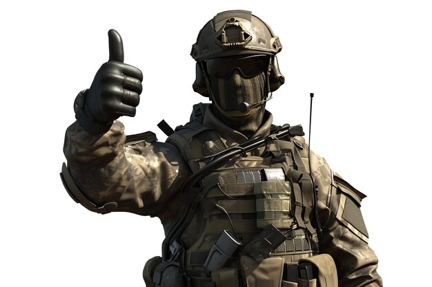 PSD um soldado mostra aprovação levantando o dedo sobre um fundo transparente