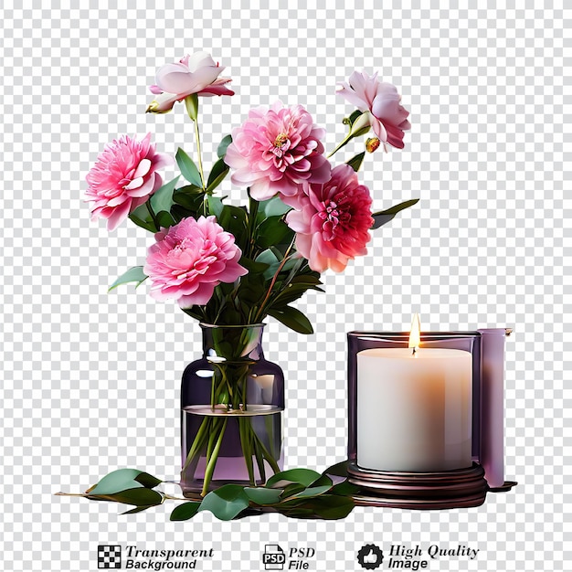 Um suporte de vela com um vaso de flores ao lado isolado em fundo transparente
