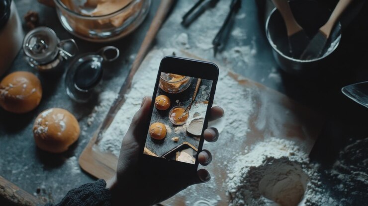 PSD um telefone captura ingredientes de panificação em uma mesa
