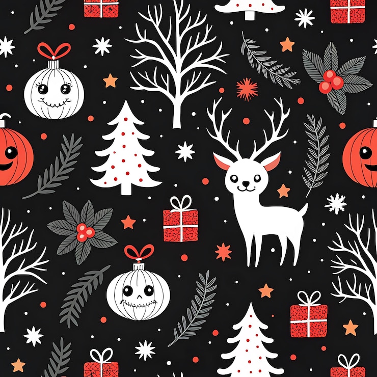 PSD um tema de natal preto e branco com cervos e decorações