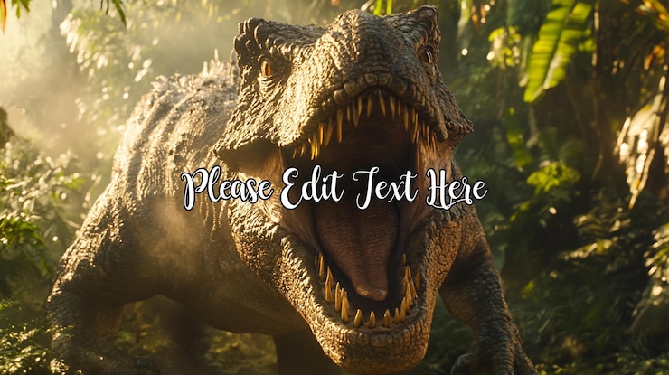 PSD um temível tyrannosaurus rex rugia com a boca aberta em meio a uma selva exuberante e coberta de sol.