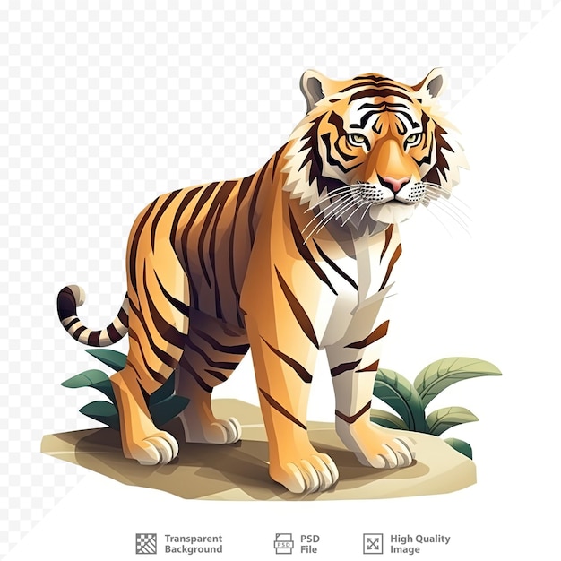 Um tigre está parado no jardim e sobre um fundo branco.