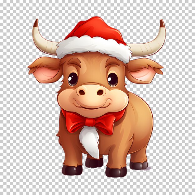 PSD um touro engraçado e fofo usando um chapéu de papai noel para ilustração de natal