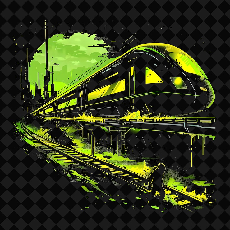 PSD um trem com um fundo verde com um homem andando nas trilhas