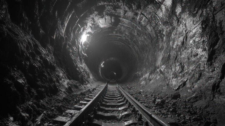 PSD um túnel escuro e estreito com uma única pista de ferrovia que se estende até uma luz distante