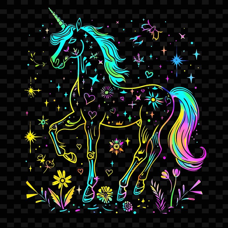 PSD um unicórnio arco-íris com estrelas e estrelas nele