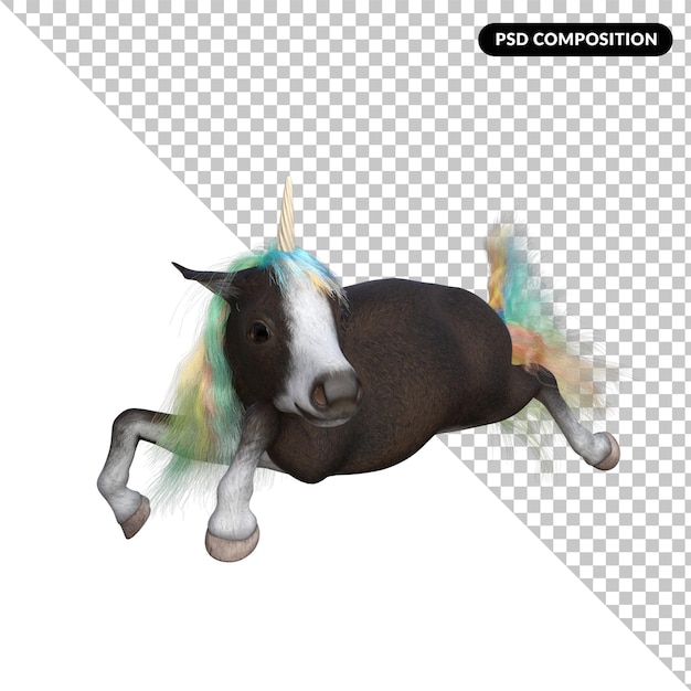 Um unicórnio com uma juba branca e uma cabeça preta e branca.