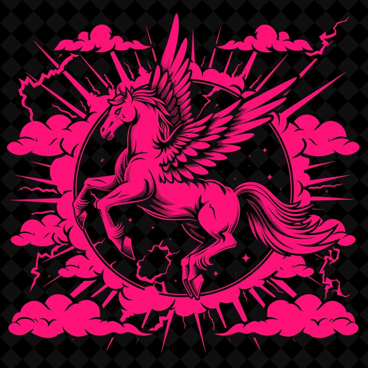 PSD um unicórnio cor-de-rosa com um fundo rosa com um unicórnio rosa e as palavras "o nome de um deus"