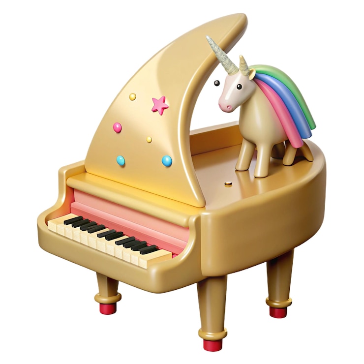 PSD um unicórnio de brinquedo com um arco-íris nas costas senta-se num piano