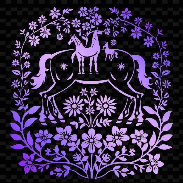 PSD um unicórnio roxo e rosa com flores e uma imagem de um cavalo e um cavalo