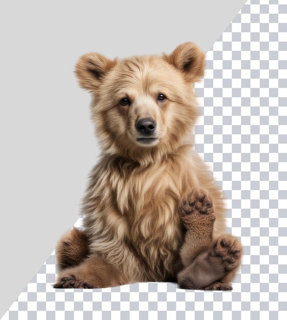 Um urso castanho com um nariz preto e patas em um fundo branco