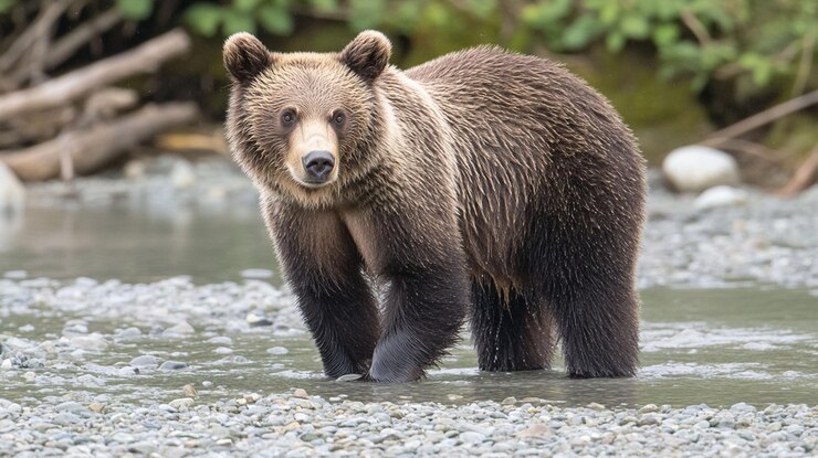 PSD um urso castanho está em águas rasas olhando diretamente para a câmera