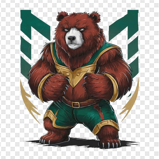 PSD um urso com uma camisa verde e calções com um emblema dourado