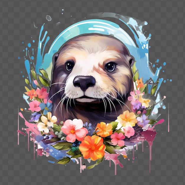 PSD um urso com uma faixa na cabeça e flores no fundo