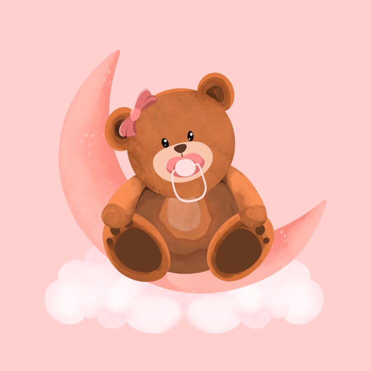 PSD um urso de pelúcia com um arco e um arco no pescoço senta-se em uma nuvem
