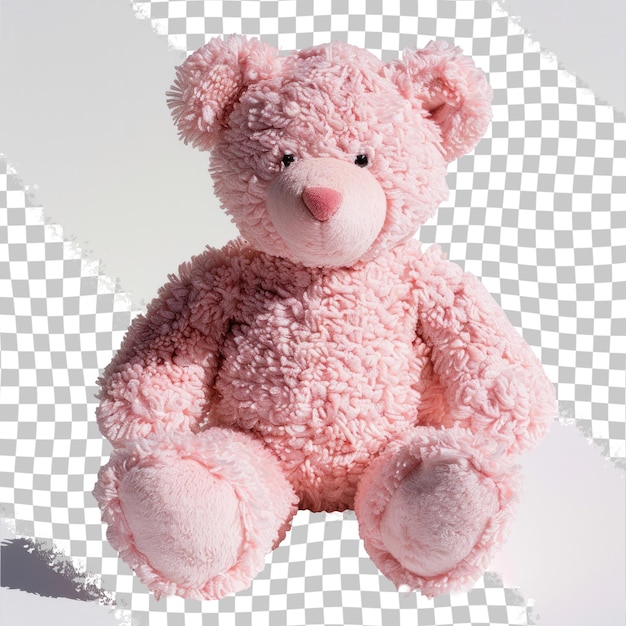 PSD um urso de pelúcia rosa com um nariz rosa senta-se na frente de um fundo branco