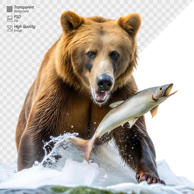 PSD um urso está pegando um peixe na água.