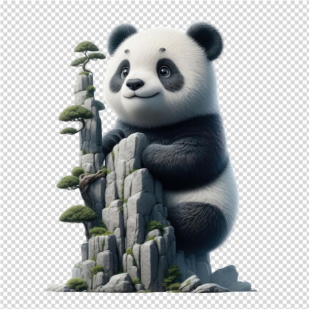 PSD um urso panda de pé em uma rocha com uma foto de um panda nele