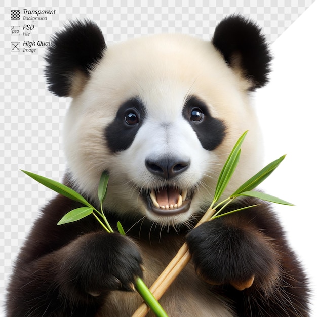 PSD um urso panda está segurando um bastão de bambu verde em sua boca