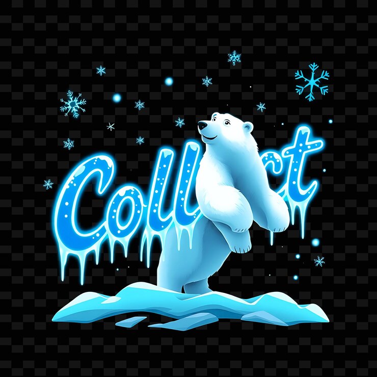 PSD um urso polar em uma rocha coberta de neve com a palavra "co" citada