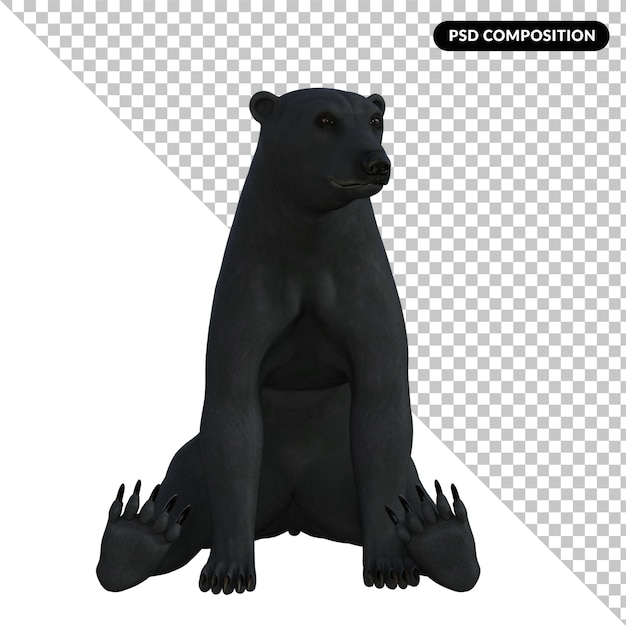 Um urso preto senta-se em suas patas traseiras isoladas renderização em 3d