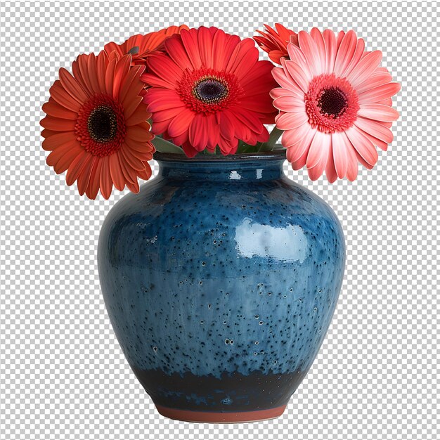 PSD um vaso azul com flores vermelhas e um fundo branco