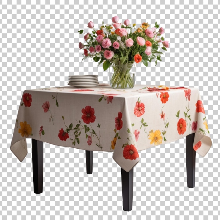PSD um vaso de flores está em uma mesa com um pano branco