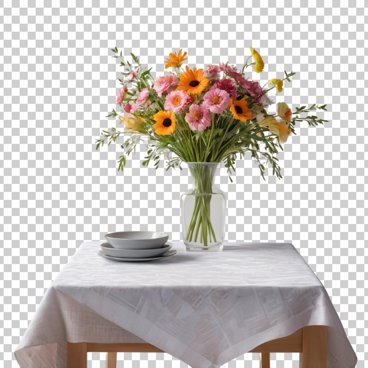 PSD um vaso de flores está em uma mesa com um pano branco