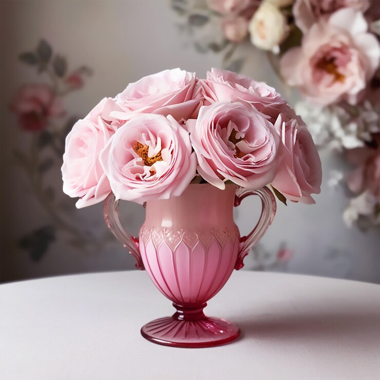 PSD um vaso rosa com flores cor-de-rosa em uma mesa