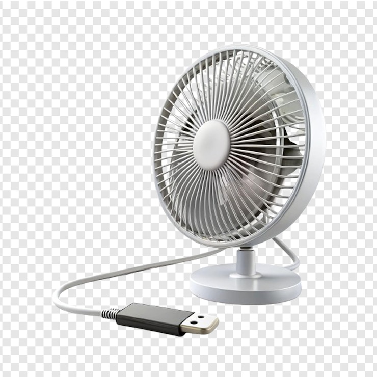 PSD um ventilador com uma corda ligada a ele está sentado em um fundo branco